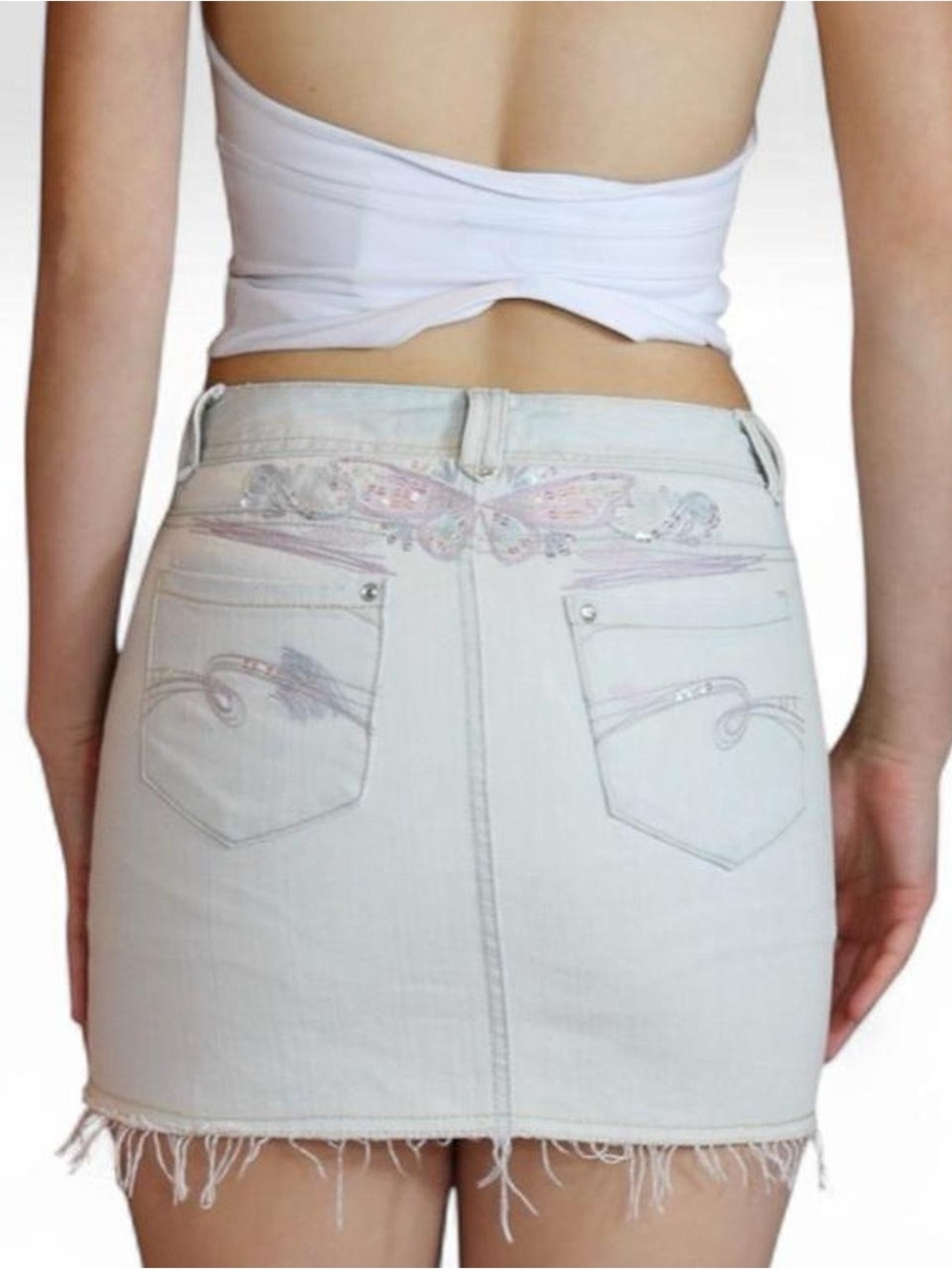 Y2K Limited Too Rhinestone Denim Mini Skirt Butterfly Embroidered Skort 2